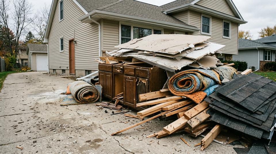 Drywall, torn-out cabinets, lumber and shingles piled on a driveway after a remodel
